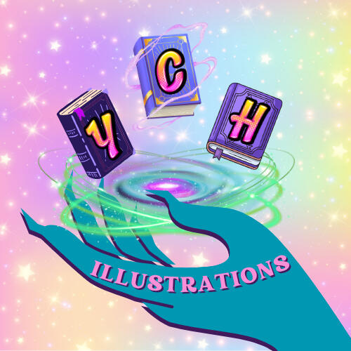 A witchy hand holding a swirling galaxy vortex, above which three colorful books float. Each book cover holds one letter: "Y", "C", "H". Across the witchy hand, in purple lettering, is the word "Illustrations".