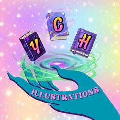 YCH Illustrations Logo A witchy hand holding a swirling galaxy vortex, above which three colorful books float. Each book cover holds one letter: "Y", "C", "H". Across the witchy hand, in purple lettering, is the word "Illustrations".